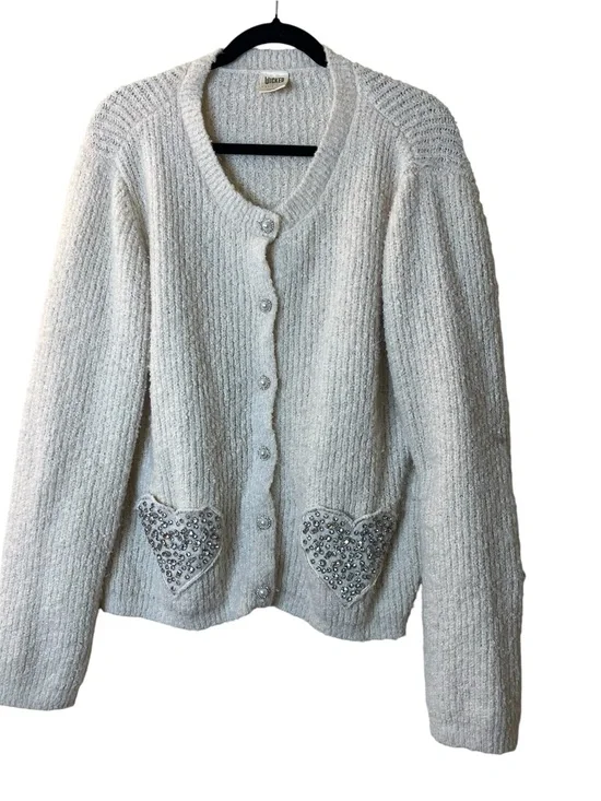 Wicked Katie Kime Ivory Beaded Heart Pocket Cardigan Sweater Sz XXL