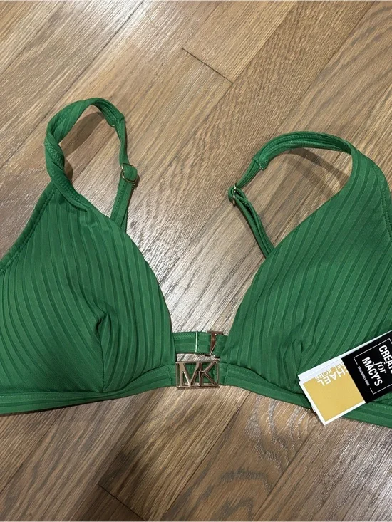 Michael Kors Emerald Ribbed Bikini Top with Gold MK Clasp