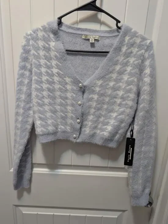 Haute Monde Blue & WHITE Long Sleeved Cardigan Cropped Sweater Size S NWT!