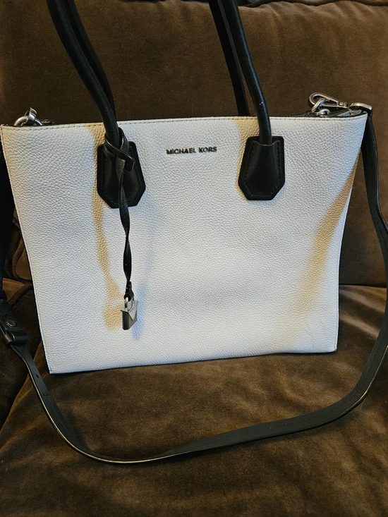 Michael Kors White and Black Leather Tote Bag