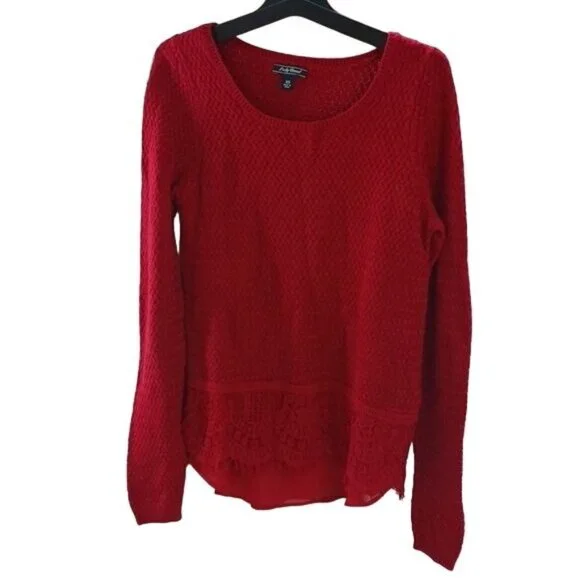 Lucky Brand Womens Sweater Textured Knit Pullover Long Sleeve Red XS Cozy