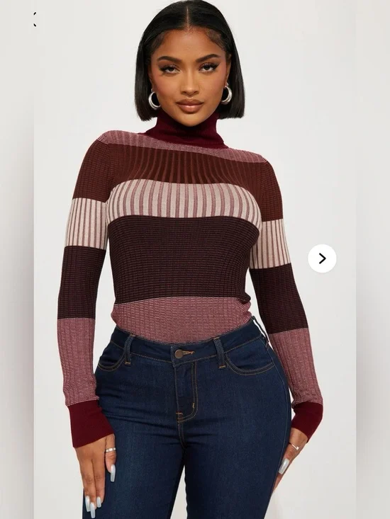 Fashion Nova Ribbed Striped Turtleneck Sweater - Burgundy, Pink, Cream