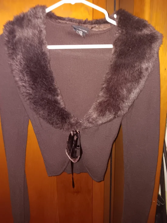 Chocolate Brown Faux Fur-Trim V-Neck Sweater