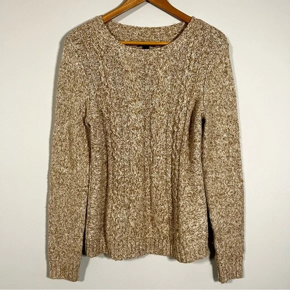 Tommy Hilfiger Oatmeal Crew Cable Knit Women’s Sweater Elbow Patches Size M