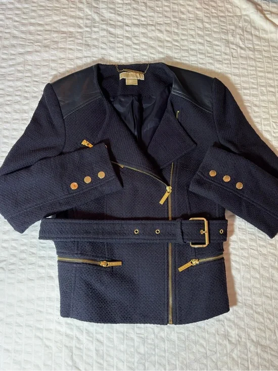 EUC Michael Kors Moto Jacket Boucle Tweed w/ Italian Sheepskin Leather Sz 8P