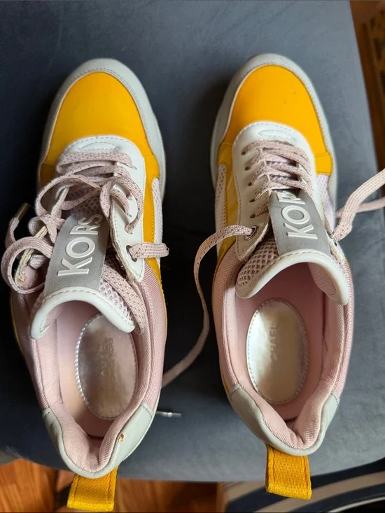 Michael Kors Yellow and Blush Pink Mixed-Media Sneakers 7.5