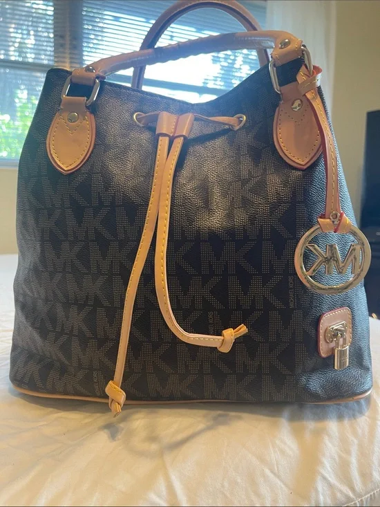 Michael Kors Black Logo Drawstring Shoulder Bag with Tan Trim