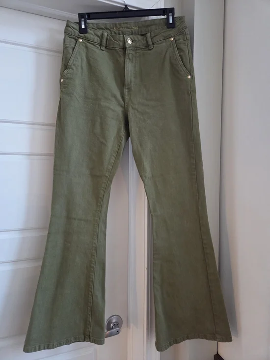 Michael Kors Olive Green Flare Denim Jeans with Gold-Tone Logo