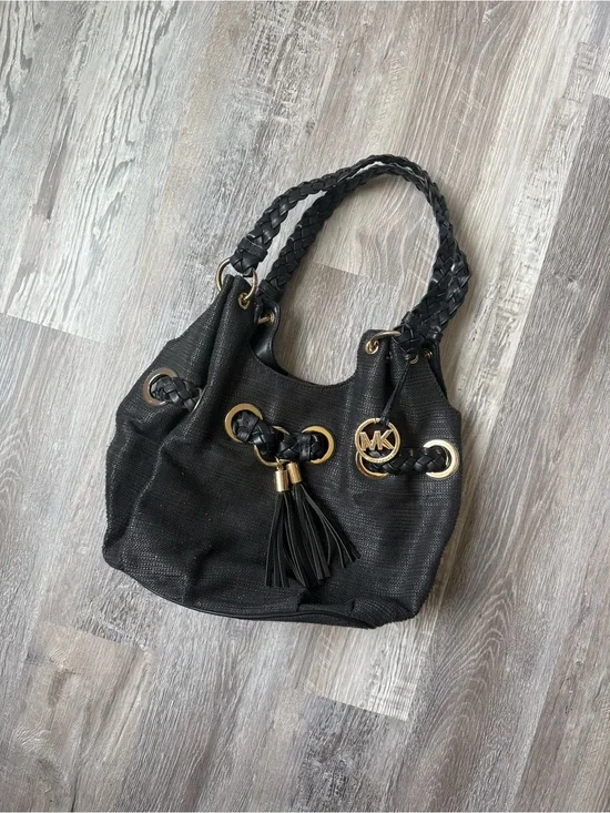 Michael Kors Black Braided-Handle Shoulder Tote with Tassel Charm