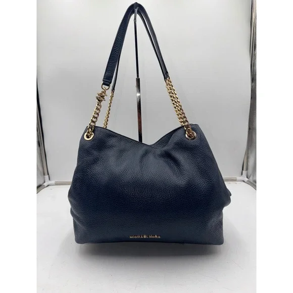 Michael Kors Bedford Navy Blue Pebbled Leather Chain Shoulder Hobo Bag