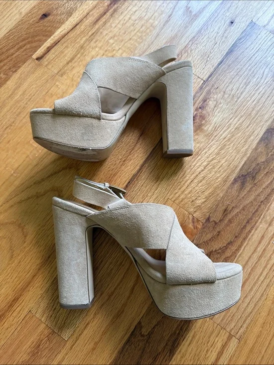 Michael Kors Beige Suede Platform Block Heel Sandals