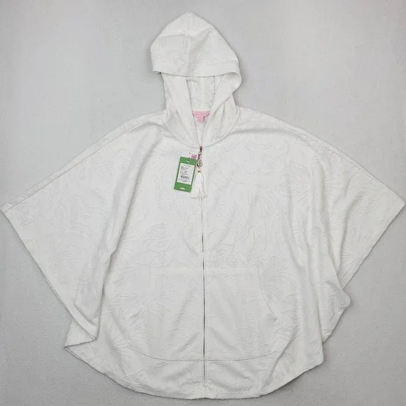 Lilly Pulitzer Robbins Poncho Womens Large White Jungle Leaf Jacquard Hooded