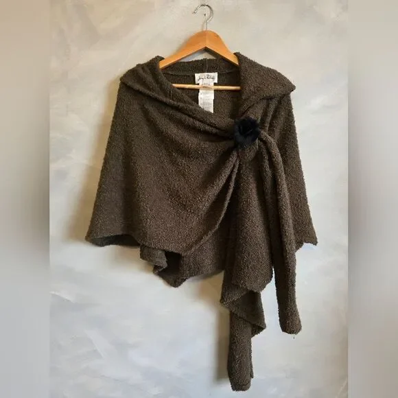 Joseph Ribkoff Boucle Hooded Shawl Poncho Womens Sz 8 Green Brown Fur Brooch