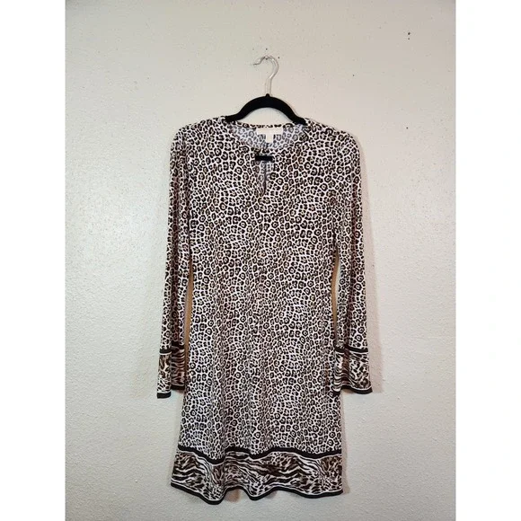 Michael Kors Womens XS Brown Leopard Print Long Sleeve Mini Dress Sheath Stretch