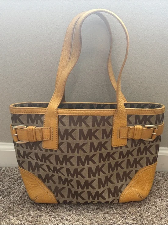 Michael Kors Brown MK Logo Shoulder Tote with gold trim