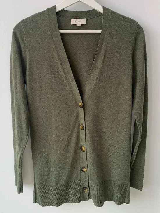 Loft Olive Green V-Neck‎ Button Front Cardigan Sweater XS