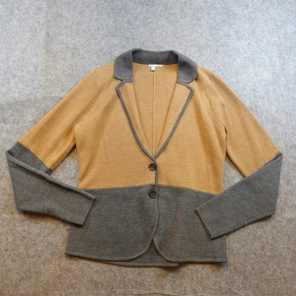 Halogen Blazer Women Large Tan Gray Colorblock Merino Wool Knit Unstructured