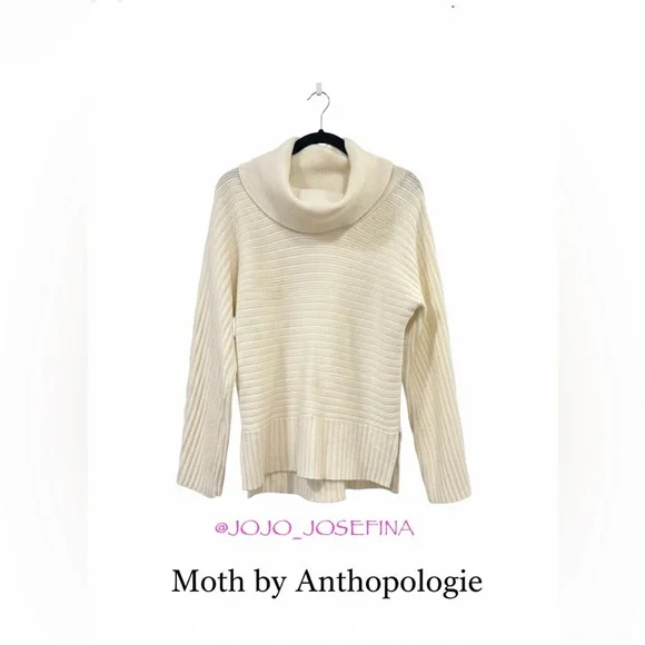 Moth by Anthropologie $98 Ivory Ribbed Cowl Neck Sweater M EUC Rayon Blend
