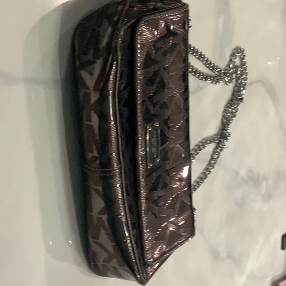Michael Kors Metallic Grey Logo Shoulder Bag with Silver Chain