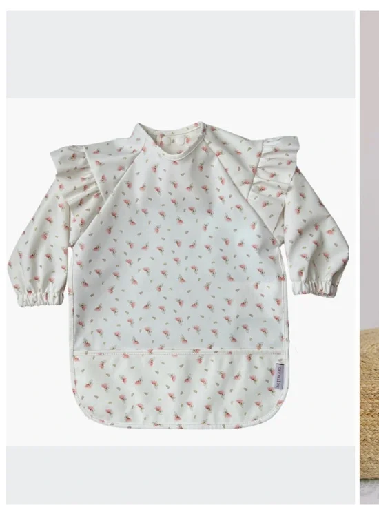 Kids Long-Sleeve Floral Bib Smock - White with Pink Flowers neferland