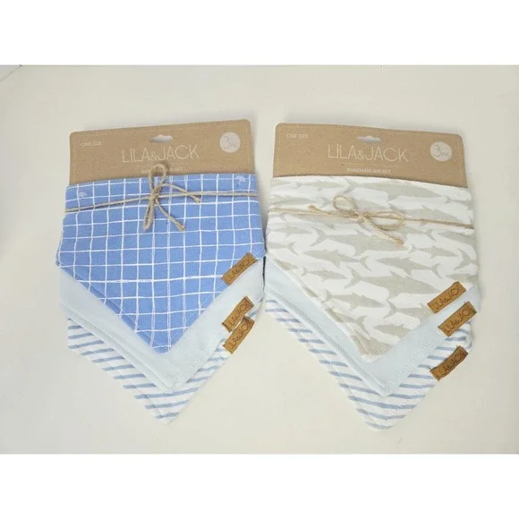 Lila & Jack Bandana Bib Set 3 pack x 2 bibs Blue Grey shark striped