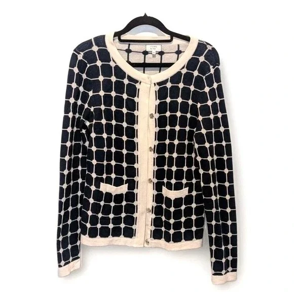 Preppy Quiet Luxury Croo Windowpane Cotton Cardigan Sweater Women's M‎