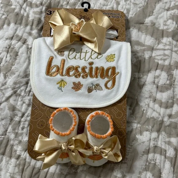 NEW  Baby’s Little Blessing THANKSGIVING Bow Headband, Bib & Socks