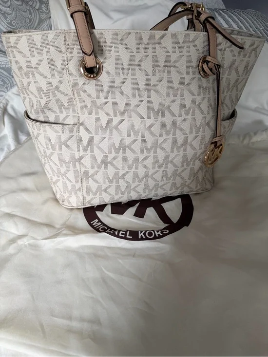 Michael Kors Cream Signature MK Tote with Gold Hardware