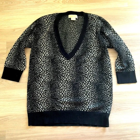 Michael by Michael Kors Knit Sweater L Black Metallic Silver Animal Print Glam