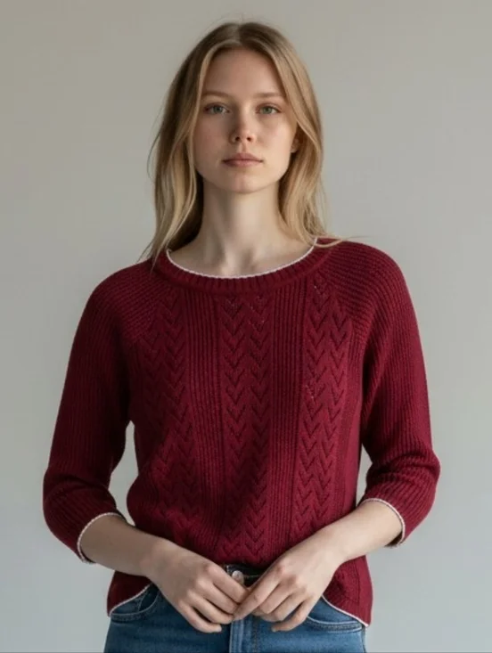 REBECCA Burgundy Open-Weave Scoop Neck Sweater with White Trim. M/L