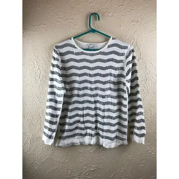 Joan‎ Vass Sweater Black White Sequins Lightweight Knit Pullover Womens Size 0
