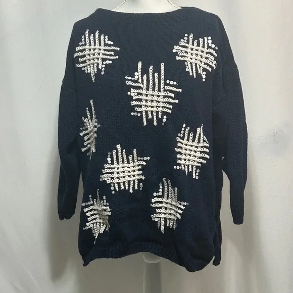 Carole Little Sport Women's Knit Sweater M Blue Cream Sequin‎ Embellished