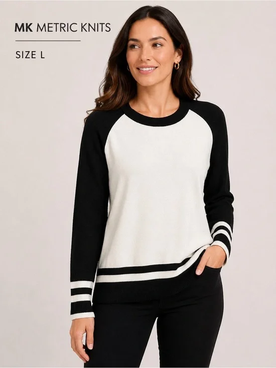 MK Metric Knits Black White Colorblock Sweater Size L Chic Casual