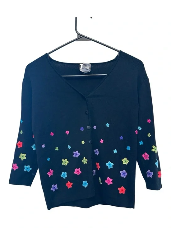 Vintage Y2K Clio Black Button-Front Cardigan with Multicolor Floral Embroidery S