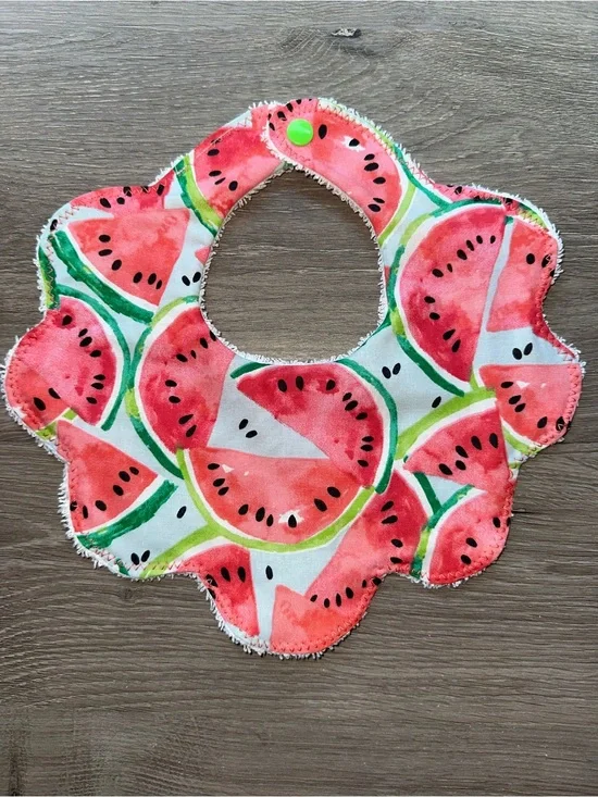 Watermelon Print Baby Bib - Pink/Green Floral Scallop