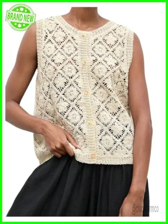 Crochet Knit Sleeveless Hollow Out Button Down Vest Tops Beach Cover Up Cardigan