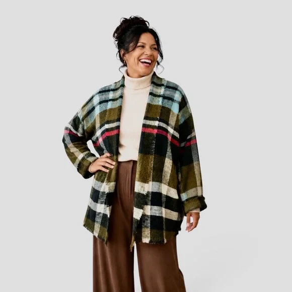 Upcycled Handmade Plaid Open Front Cardigan Jacket Frayed Hem Multi-Color
