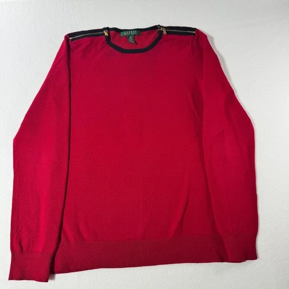 Lauren Ralph Lauren Womens Red Cotton Blend Sweater Size M Zipper Shoulder Top