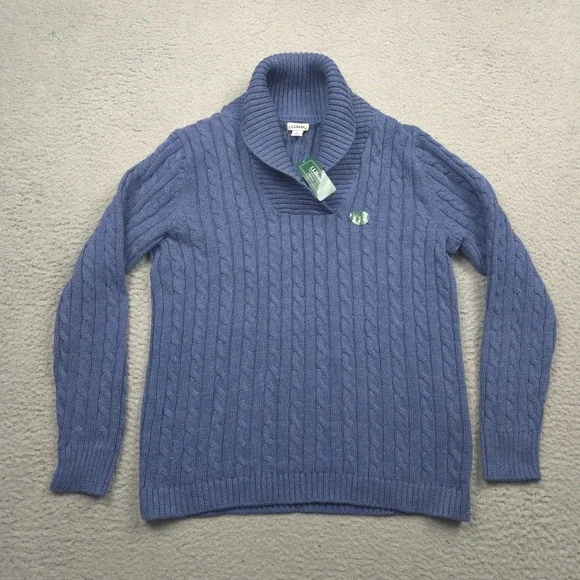 L.L.Bean Double L Sweater Women L Cotton Cable Knit Shawl Collar Blue NWT