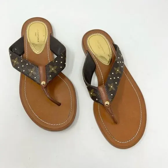 Louis Vuitton Monogram Sunny Thong Sandal Flat Brown Leather size 37 EU