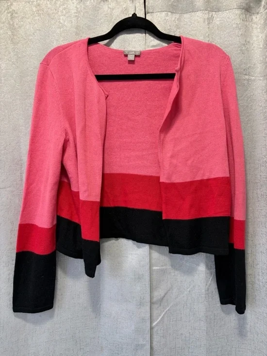J. Jill Pink Red Black Open-Front Colorblock Cardigan