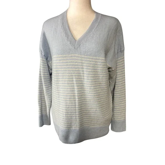 Banana Republic Sweater Womens XS Blue Cashmere V Neck Striped Knit Pullover
