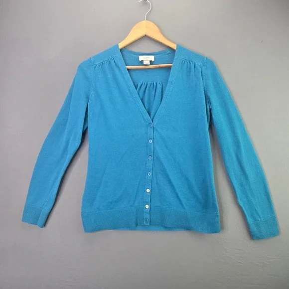 LOFT Cardigan Sweater Medium Blue V-Neck Button Up Pleated Knit Top 2829