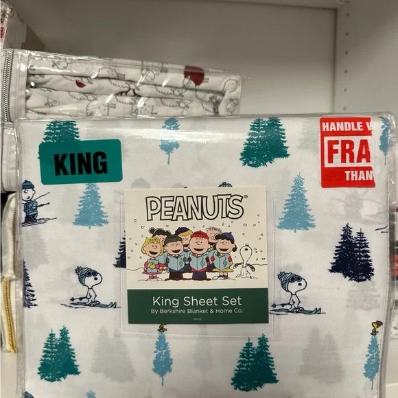 Peanuts King Sheet Set with Blue and Green holiday Trees