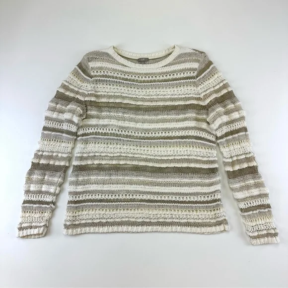J Jill neutral open knit pullover sweater Large cotton blend taupe cream ivory