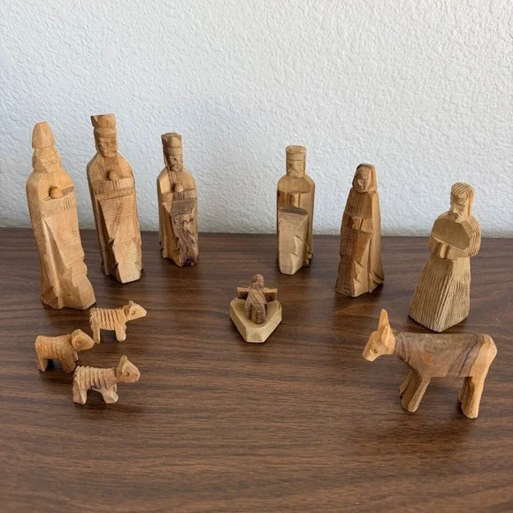 SERRV Jordan Hand Carved Olive Wood Nativity Set 11 Piece Rustic Minimalist