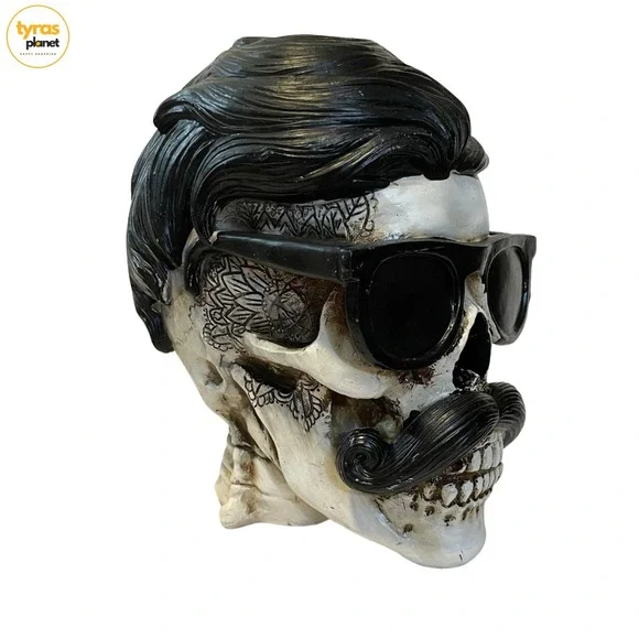 NEW Halloween Hippie Skull with Hair, Mustache, Tattoos & Glasses Retro Decor