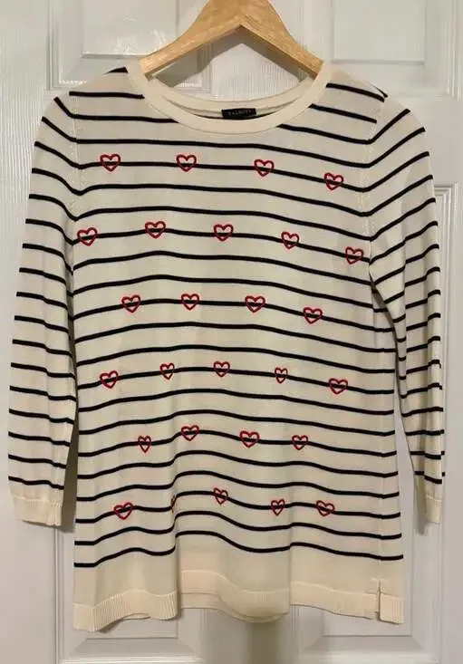NWOT  Talbots Ivory and Black Striped Embroidered Heart Crewneck Sweater, XS