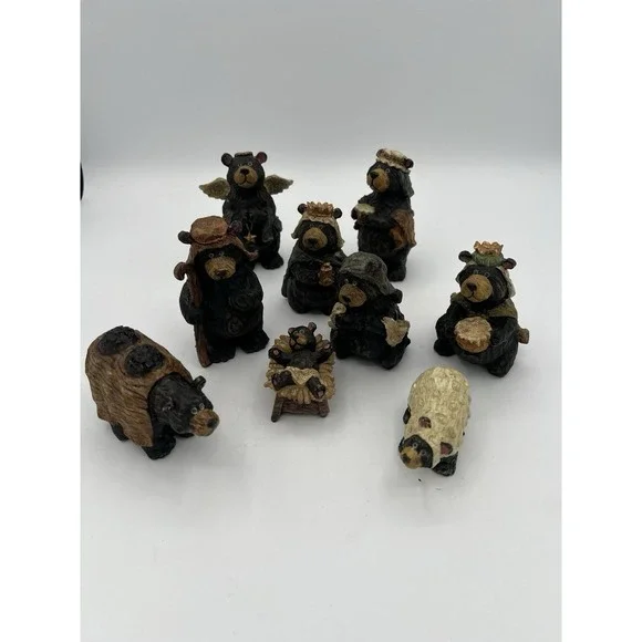 Kurt Adler Bear Nativity Set of 9 Resin Christmas Rustic Cabin Decor READ‎ Flaws