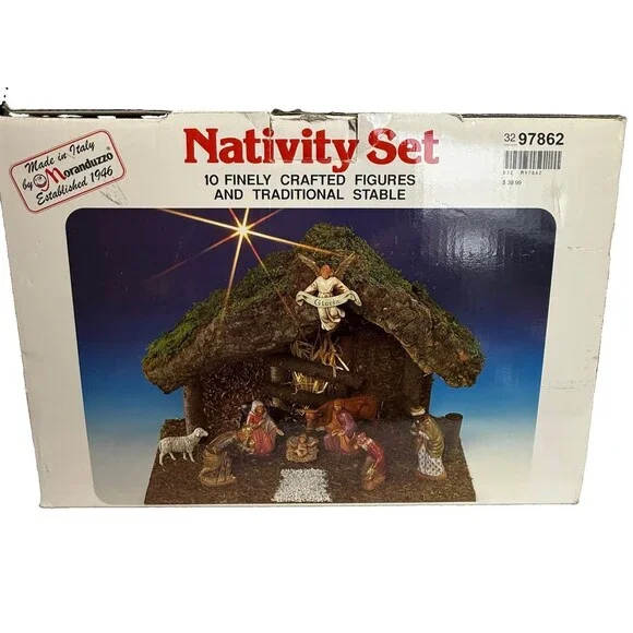 Vtg Sears Nativity Wood Stable Manger 9 Figures Italy Set Complete #97682 W/Box